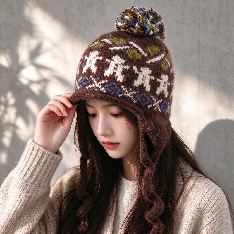 Fair Island style jacquard long braid knitted ear hat women's autumn and winter warm atmosphere versatile wool hat Lei Feng hat