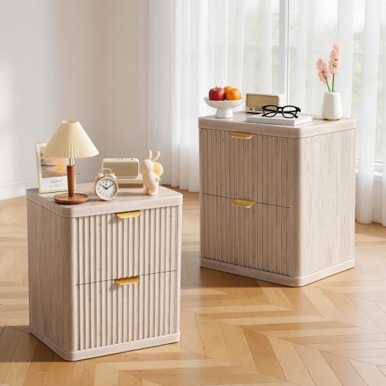 Modern End Table Fluted Nightstand, Large 2 Drawer Bedside Table, Wood 2-Drawer Night Stand with Curved Corners, Metal Handle for Bedroom, Living