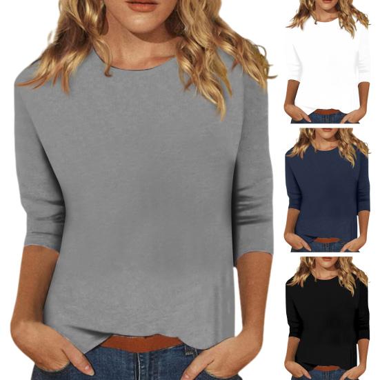 Women Casual T-shirt O-neck 3/4 Sleeve Pullover Tops Solid Color Slim Fit Tunic Tops Stretchy Tee Shirt Streetwear