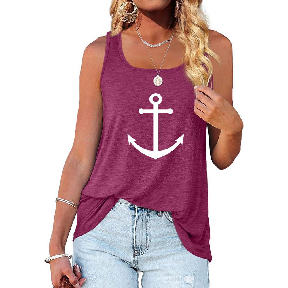 Женская повседневная майка с круглым воротником, летняя свободная майка с бретелью через шею, женская модная рубашка без рукавов с принтом якоря