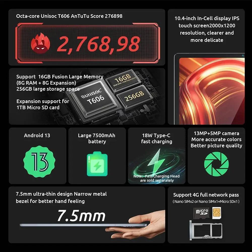 BMAX MaxPad I11 Plus 16 ГБ(8 ГБ ОЗУ + расширение 8 ГБ) 256 ГБ ПЗУ, 10,4-дюймовый восьмиядерный процессор T606, Android 13, двойной Wi-Fi, 4G Lte, SIM-карта для планшета