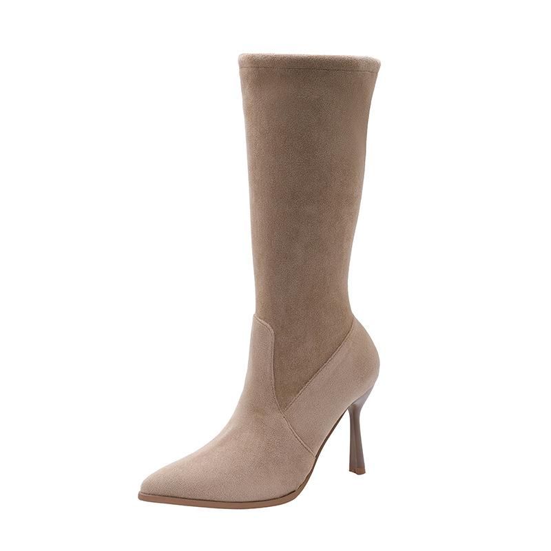 Khaki boots women's autumn and winter temperament suede stiletto pointed high heels short boots medium tube stacking boots
