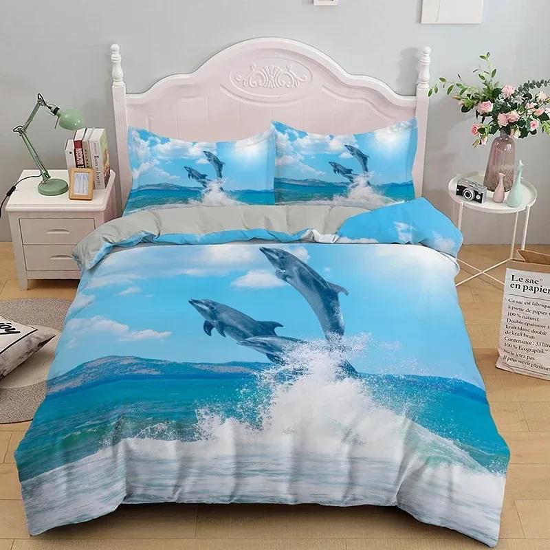 3D Dolphin In Blue Sea Queen King Size Bedding Sets Animal Single Quilt Duvet Cover Set Boys Adult Bed Polyester Bedclothes