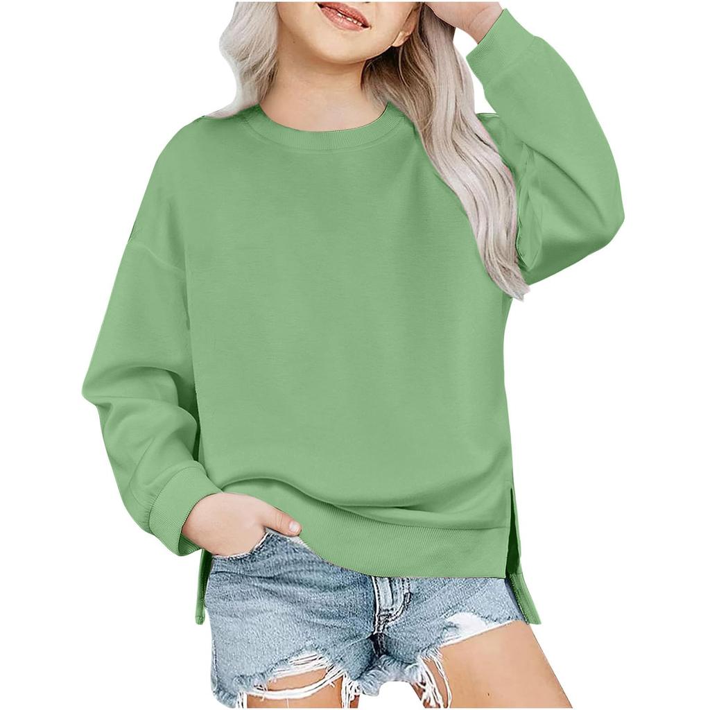 Children's Oversized Pullover Sweatshirt Girls' Round Neck Split-Front Solid Color Hoodie
