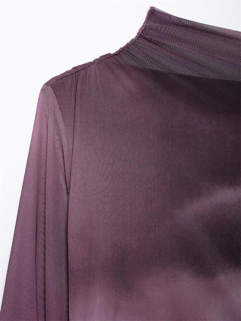 Европейско-американский тренд 2024: Женское облегающее платье из плиссированной шелковой сетки со стойкой и длинными рукавами, осенний стиль