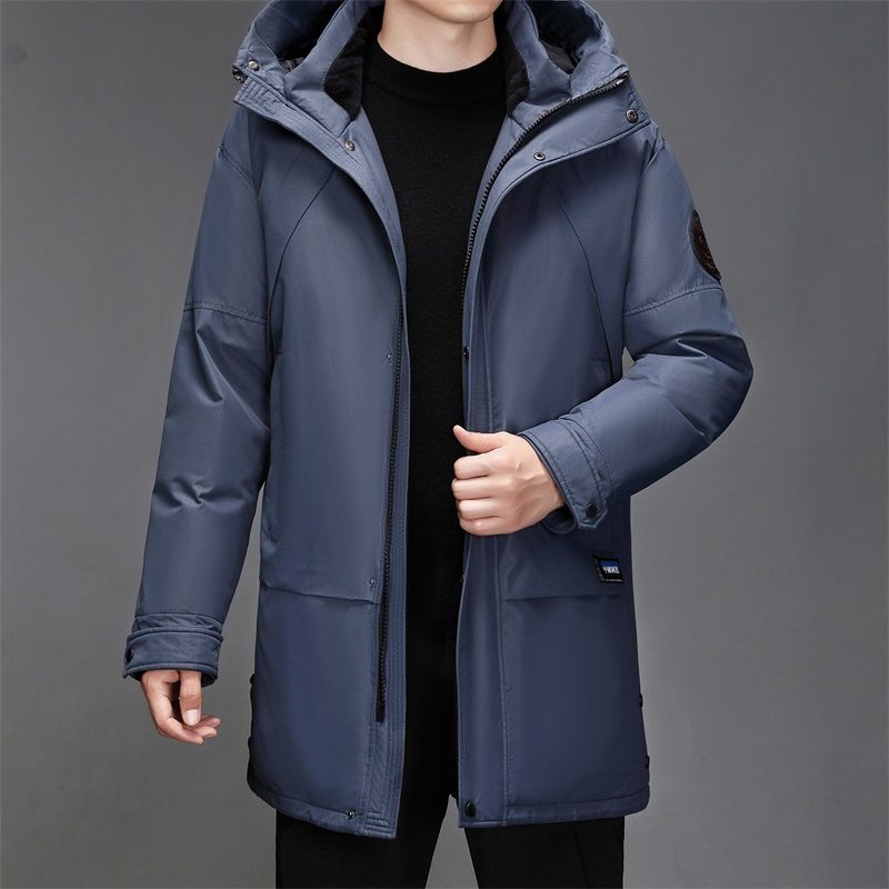 Winter Men's Fur Collar Mid Length Down Jacket Casual Thick Hooded Fashionable and Warm Long Jacket