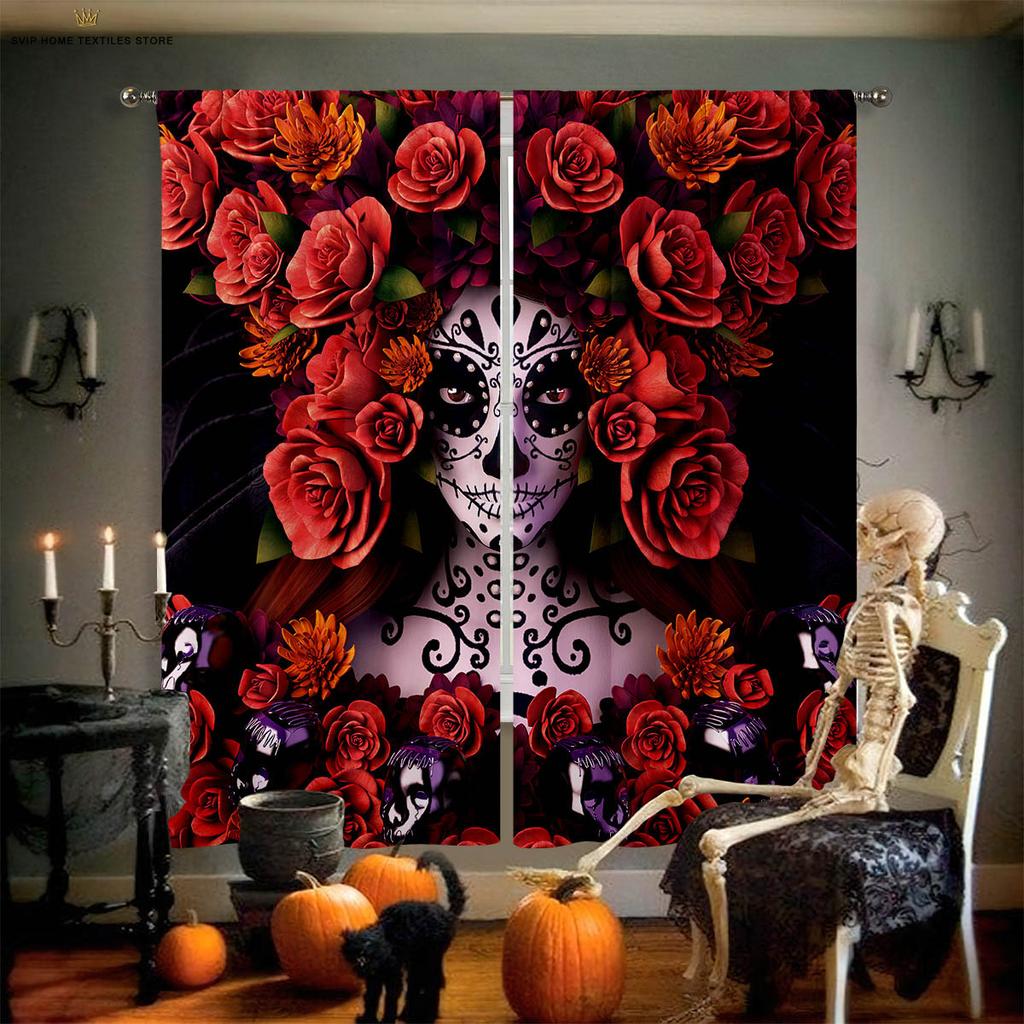 Креативная 3D-печатная занавеска с изображением черепа и цветка, спальня, гостиная, ресторан, украшение для вечеринки на Хэллоуин, 2 шт.