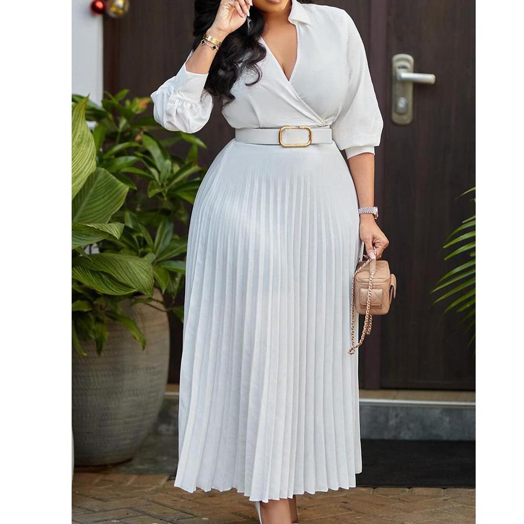 Qooth Модное женское элегантное однотонное плиссированное платье с длинными рукавами и v-образным вырезом. Элегантное повседневное платье больших размеров с поясом QT2359.