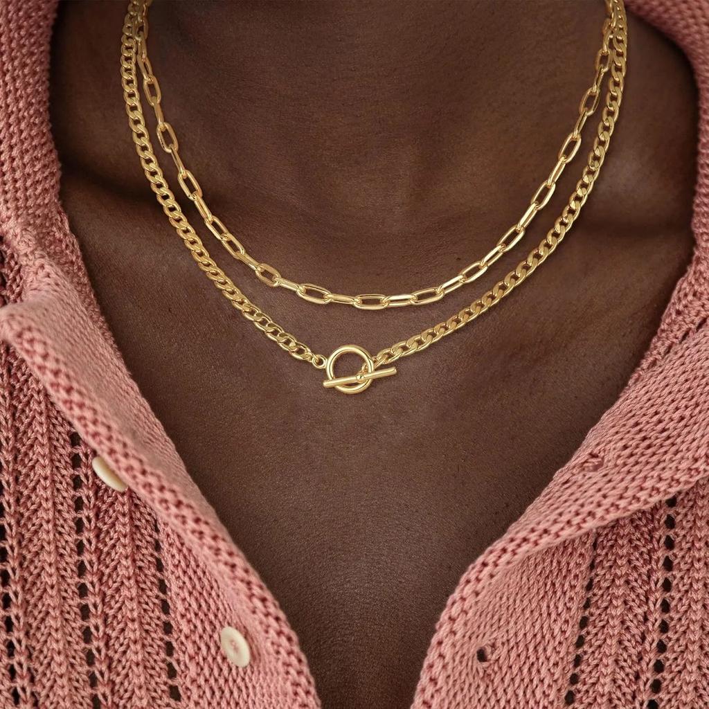 Gold Layered Necklace for Women K Gold Plated Necklace Women Cuban Link Paperclip Chain Toggle Clasp Necklace Zircon for Women