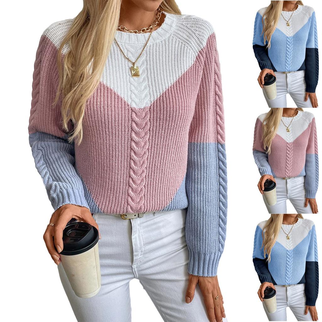 Women's Fashion Casual Round Neck Long Sleeve Comfortable Contrast Color Cable Knit Women's Pullover Loose Sweater