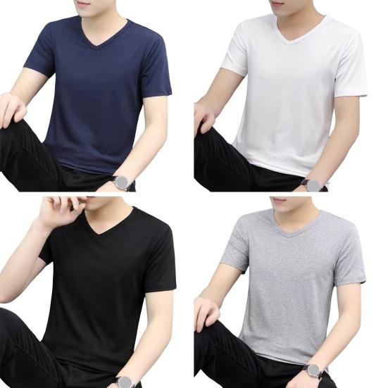 Летняя мужская футболка с V-образным вырезом из ледяного шелка, сплошной цвет, повседневный стиль, с коротким рукавом, приталенный пуловер, повседневная одежда, молодежный спортивный топ для подростков