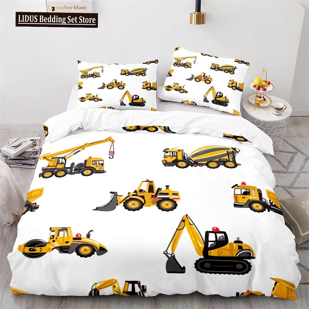 Комплект пододеяльника Digger Мультяшный Грузовик Тяжелой Техники Кран Бетономешалка Экскаватор Трактор Узор Для Ребенка Подростка Полиэстеровый Постельный Комплект