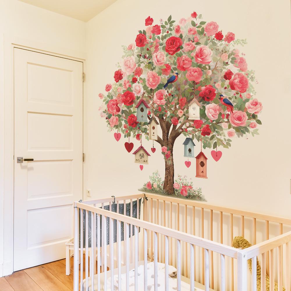 The Rose Flowers On The Big Tree and The Decorative Wall Stickers for The Living Room and Bedroom of The Birdhouse