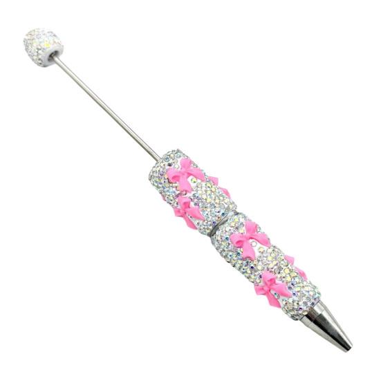DIY Beadable Pen Glitter Ballpoint Pen, Rhinestone Bow Beaded Handmade Supplies Bling Black Ink Pens for Making, School Office Cute Desk Accessories