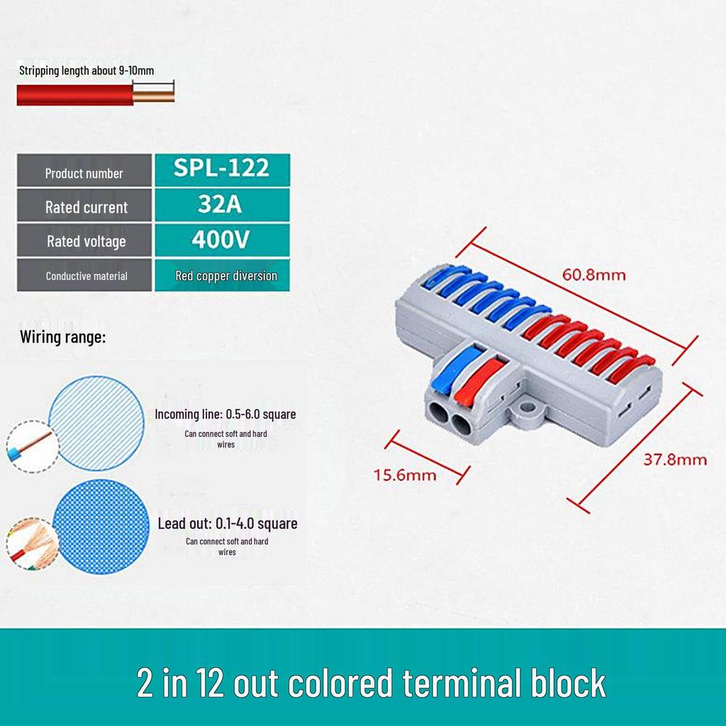 SPL-Splitter: 2-in-10-out, 2-in-12-out Quick Wiring Terminal, Press-Type, Orange/Multicolor.