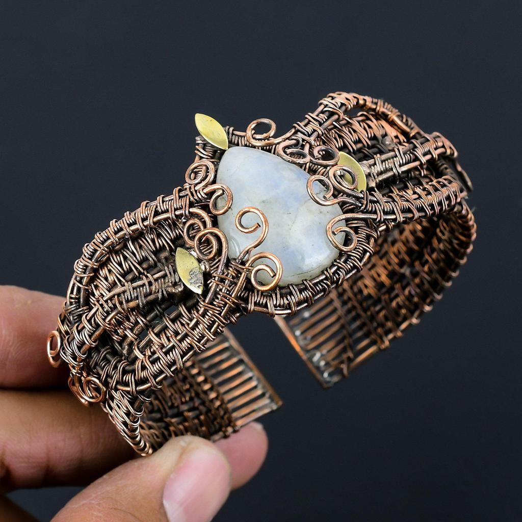 Moonstone Gemstone Handmade Copper Wire Wrap Jewelry Adjustable Bracelet For Women