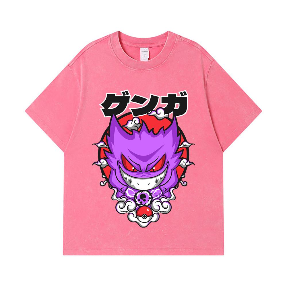 275 GSM Washed T-shirts 100% Cotton Pokemon V10 Gengar Print Unisex Heavy Cotton T Shirt