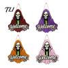 Spooky Party Favors Halloween Skeleton Welcome Sign, Wooden Grim Reaper Shaped Front Door Sign Hanger, Horror Wall Hanging Plaque for Home,