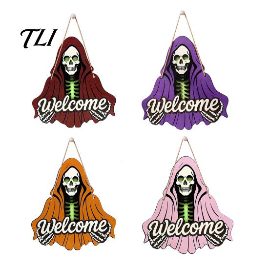 Spooky Party Favors Halloween Skeleton Welcome Sign, Wooden Grim Reaper Shaped Front Door Sign Hanger, Horror Wall Hanging Plaque for Home,