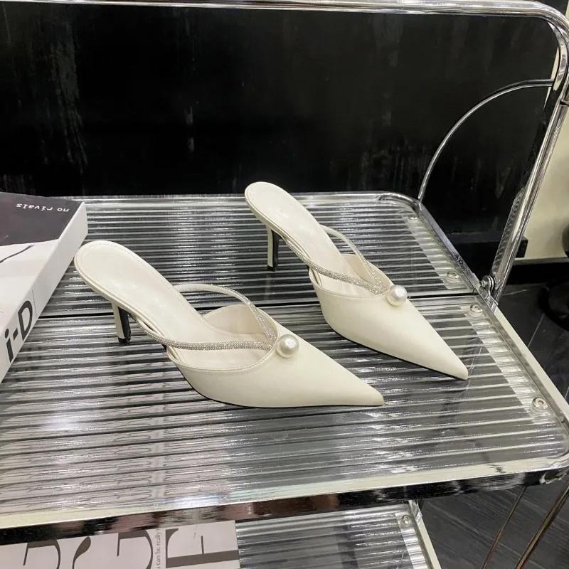 Summer Women's Fashion Slippers Pointed Toe Thin Heels Pearl Slippers Women Dress Sweet Lovely Rhinestones Zapatillas De Mujer