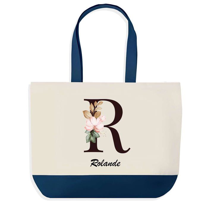 Tote bag - PLANETEE - Rolande Lettre Fleur Cadeau Anniversaire Noël - Bleu - Coton - 40 x 45 cm