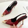 Fashion Metal Jewelry Decorated High Heels Women Sexy Pointed Toe Patent Leather Slingback Heeled Sandals Elegant Party Wedding Shoes