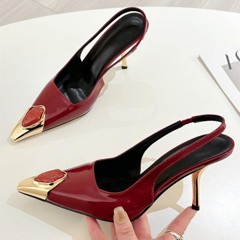 Fashion Metal Jewelry Decorated High Heels Women Sexy Pointed Toe Patent Leather Slingback Heeled Sandals Elegant Party Wedding Shoes