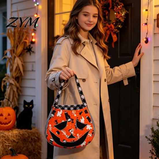 Children Holiday Totes Halloween Trick?or?Treat Tote Bag, Pumpkin Ghost Face Candy Handbag, Spooky Theme Gift Bags Reusable Goodie Bag for