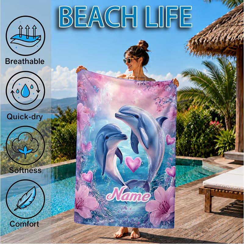 Custom Name Love Dolphins Heart Beach Towel Microfiber Beach Towel, Lightweight and Quick-Dry, for Summer Travel, Swimming Pool Gift