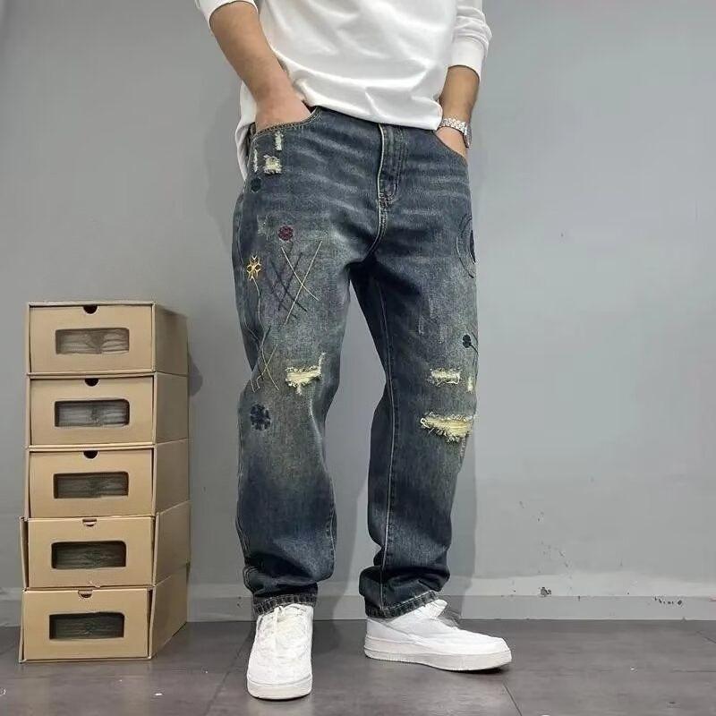 Джинсы Мужская Одежда Брюки Homme Эластичные Прямые Свободные Брюки Джинсовые Плюс Джинсы Рваные Брюки Модные Брюки