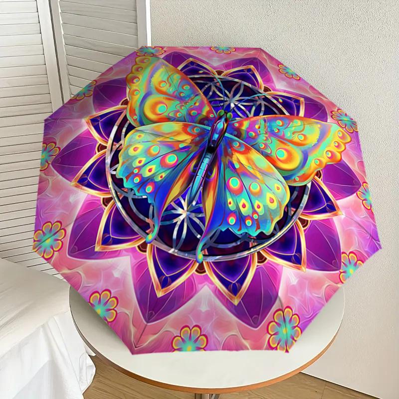 Colorful Butterfly Mandala Automatic Opening Rain Umbrella Portable Folding Design with 8 Bone Iron Frame,Outdoor Umbrella for Festivals,