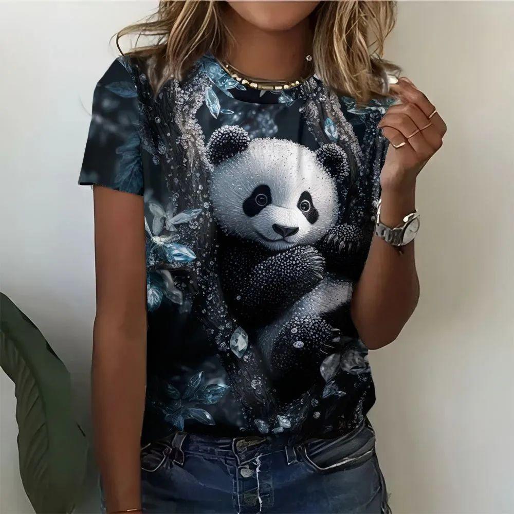 Summer Cute Panda T-Shirts Animal 3D Print Women's Casual Short Sleeve Round Neck T Shirt Harajuku Y2K Tees Tops Female Clothing