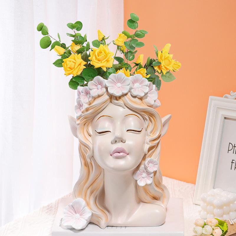 Nordic Resin Vase Flower Fairy Angel Human Head Abstract Half Body Arrangement Human Face Modern Home Interior Decoration