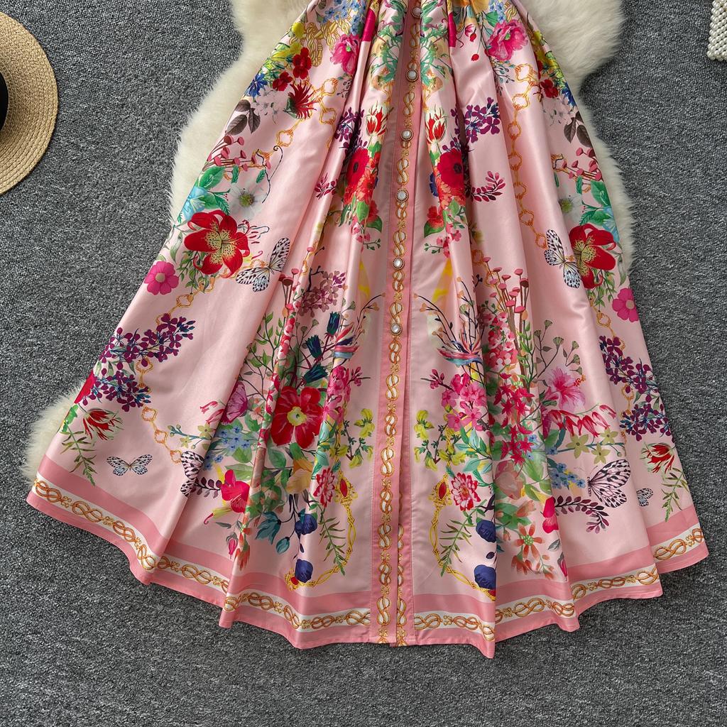 Summer Women Turn-down Collar Vintage Print Runway Dress Sleeveless Long Maxi Party Dresses with Belt