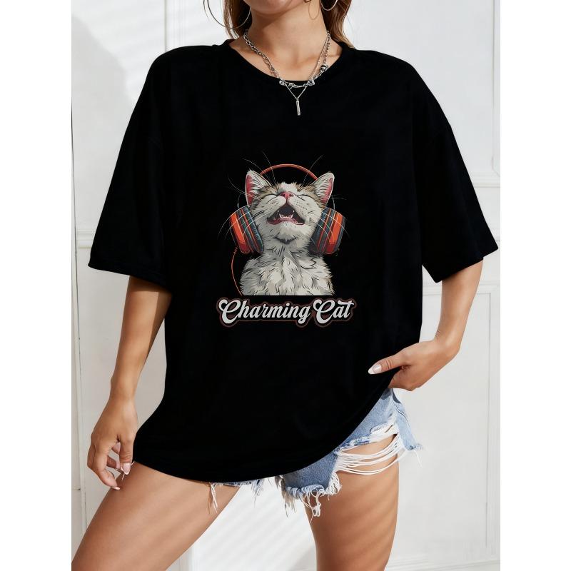Oversized T Shirt White Cat With Headphones And Chatting Cat Text Casual Wear For Women Summer Streetwear Fashion Top