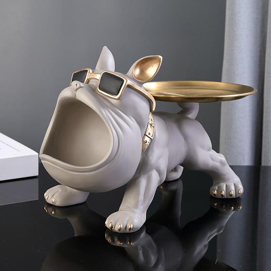 French Bulldog Figurine Key Storage Tray Big Mouth Sunglasses Dog Resin Statue Jewelry Trinket Keys Container Box Animal Desktop Decoration Ornament