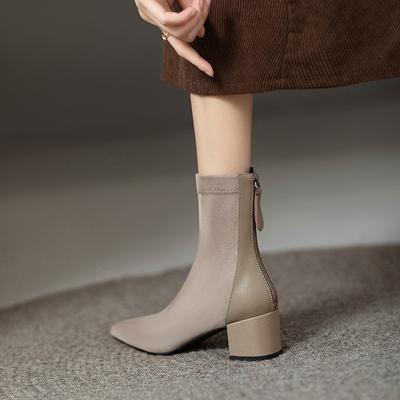 Короткие сапоги на толстом каблуке, женские тонкие сапоги на высоком каблуке, новинка осени и зимы 2024 года, замшевые сапоги, остроносые сапоги, женские эластичные сапоги