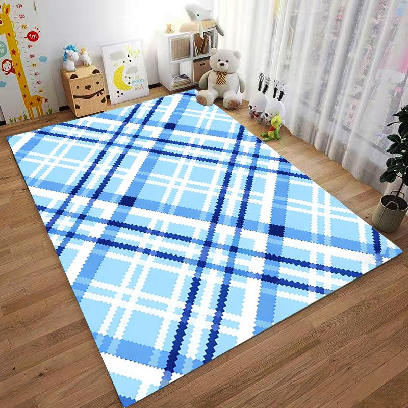 Blue and White Plaid Pattern Carpet, Modern Rectangle Area Rug. Suitable for use as an anti-slip for living room bedroom sofas