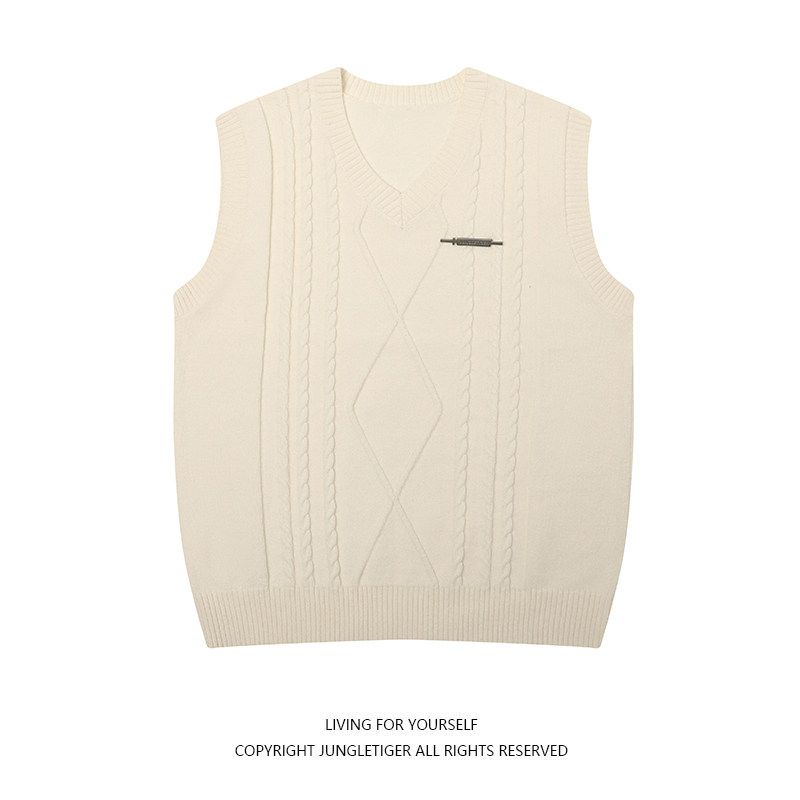 Jungle Tiger Homemade Brooch V-neck Twist Vest Vest Men and Women Lazy Retro Stacked Knitted Sleeveless Sweater