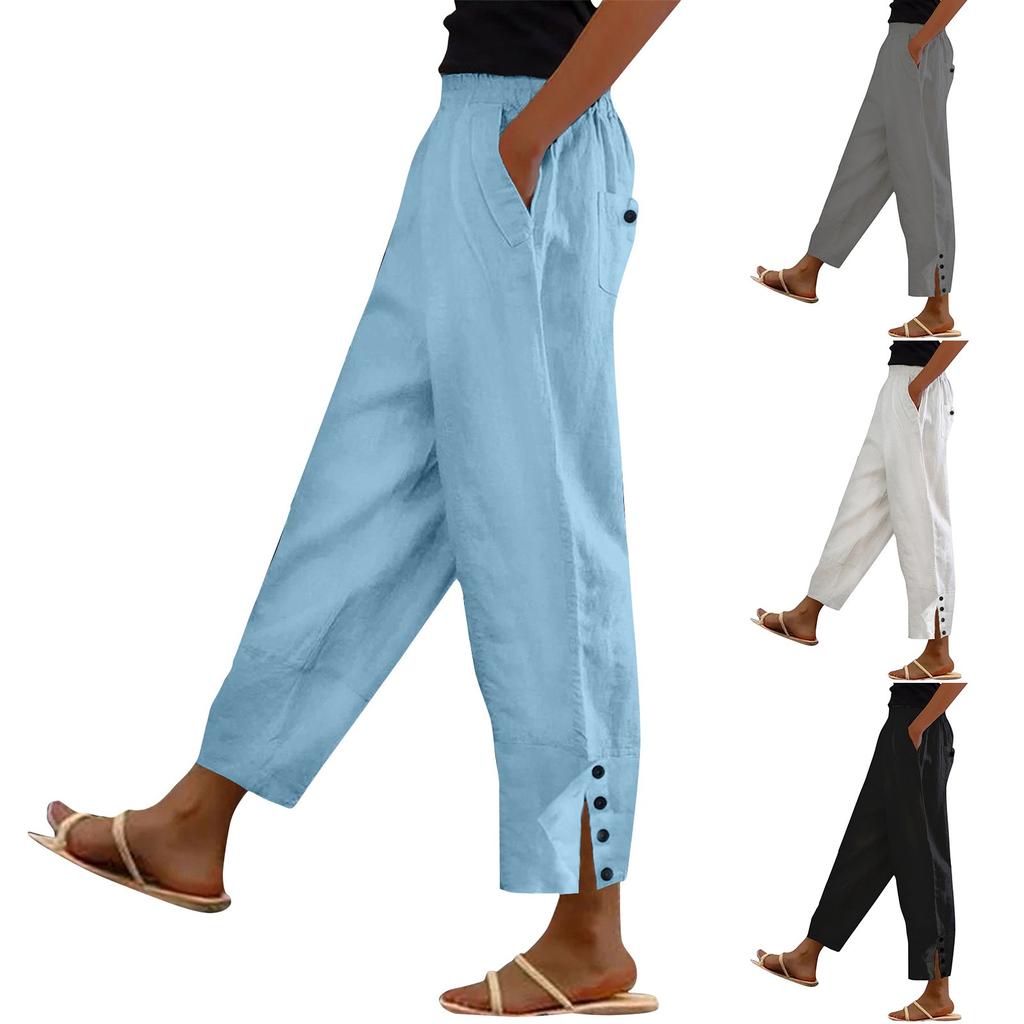 Женские летние модные свободные повседневные однотонные брюки из хлопка и льна с разрезом на пуговицах и карманами