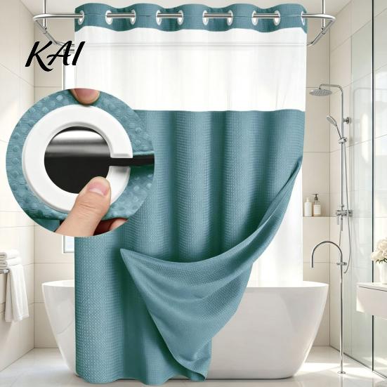 Machine Washable Shower Curtain No Hook Curtain, Waterproof with Snap-on Liner, for Bathroom Mesh Top, Divider RV Hotel Grade