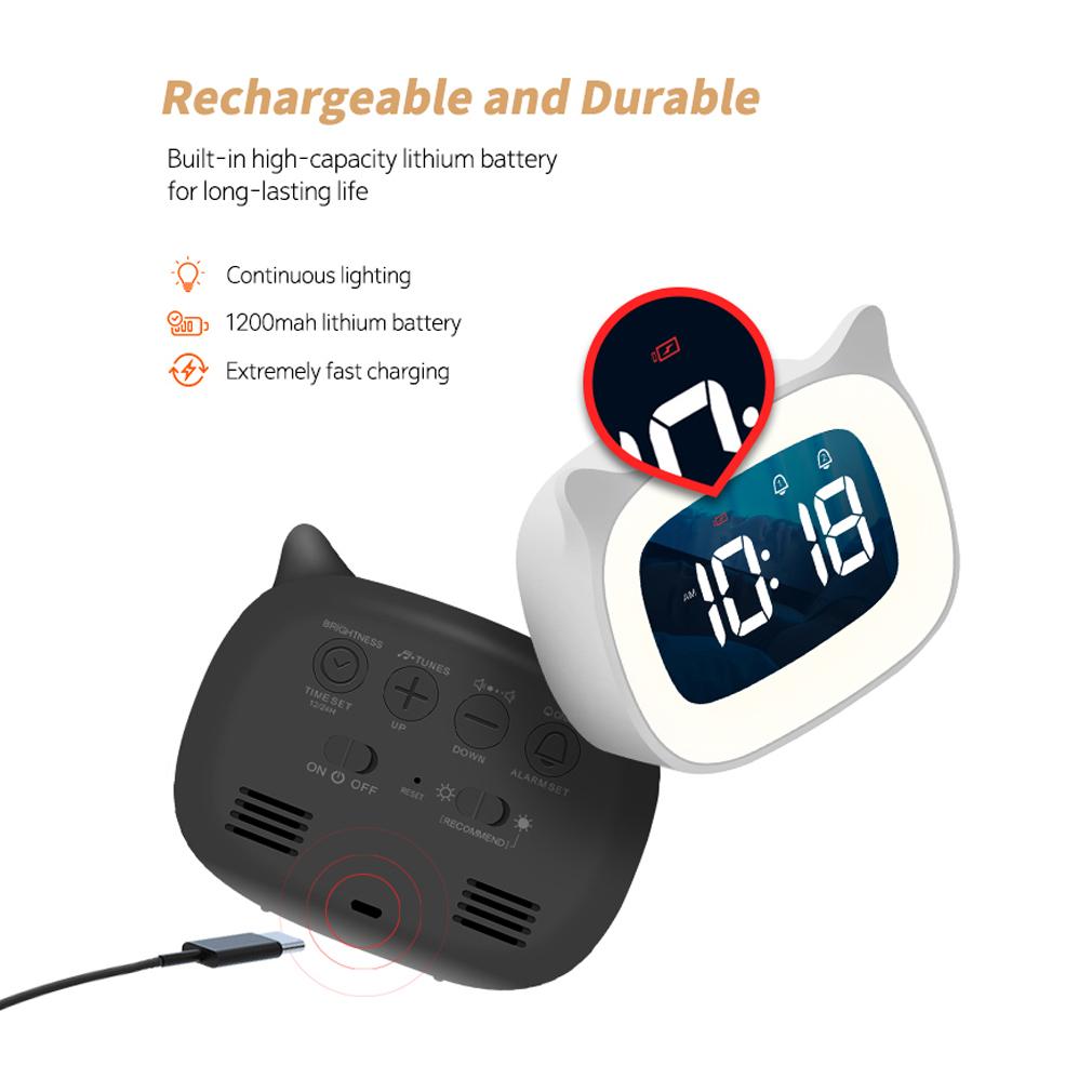 Kids LED Alarm Clock Night Light Stepless Dimming Cute Cat Ear Digital Clock Bedroom Bedside Electronic Desktop Clock Music Wake Up Children