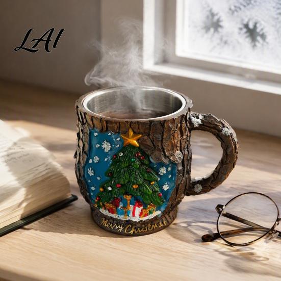 Santa Claus Drinkware Christmas Theme Mug with Stainless Steel Liner 3D Relief Hand Elk Tableware Painted Resin Coffee Cup Decorative for