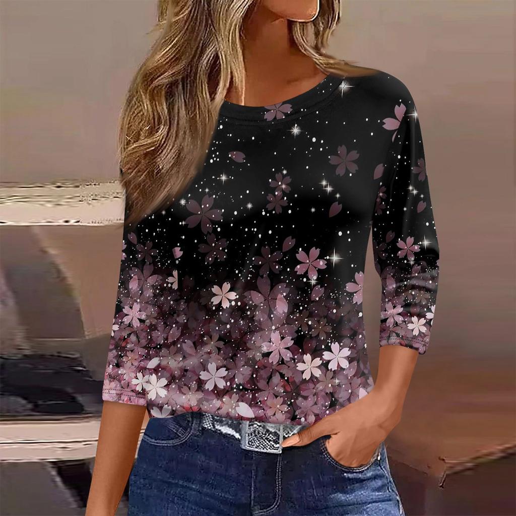 Женская футболка, модная повседневная футболка с круглым вырезом и рукавом 3/4, свободная футболка с принтом, женская футболка