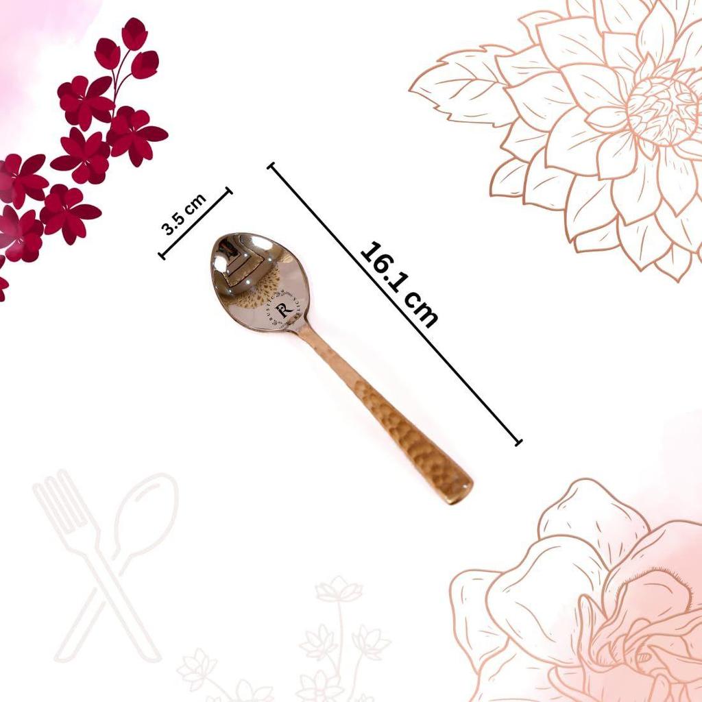 Copper Eating Spoon Stainless Steel Set - Pack of 6 | Metal Kitchen Dining and Cutlery | Steel and Copper Metalic Finish