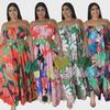 Summer 2023 European & American Off-Shoulder Pleated Maxi Dress - Women's Plus Size Fashion with Print