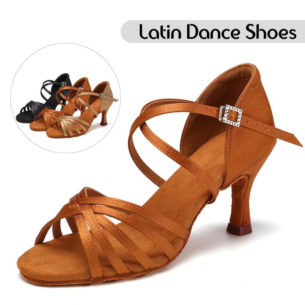 Women's Latin Dance Shoes Ladies Salsa Ball Party Shoes Satin Girls Chacha Tango Heel 7.5CM