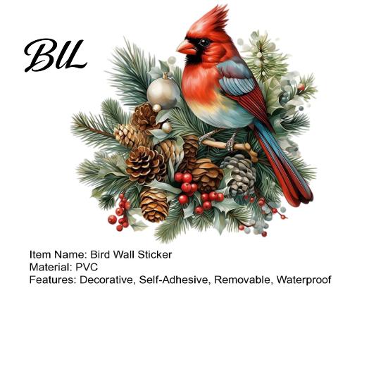 Winter Seasonal Window Ornaments Christmas Bird Wall Sticker, Decorative PVC Decal with Pine Branch Cone And Reusable Holiday Glass Clings Red Berry,