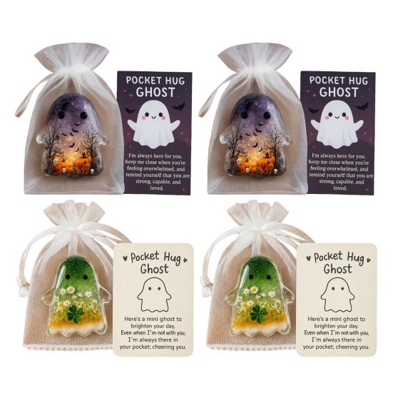1/2/4/5Pcs Pocket Hug Ghost with Positive Card Emotional Support Ghost Token Mini Halloween Cartoon Ghost Statue Inspirational Gift