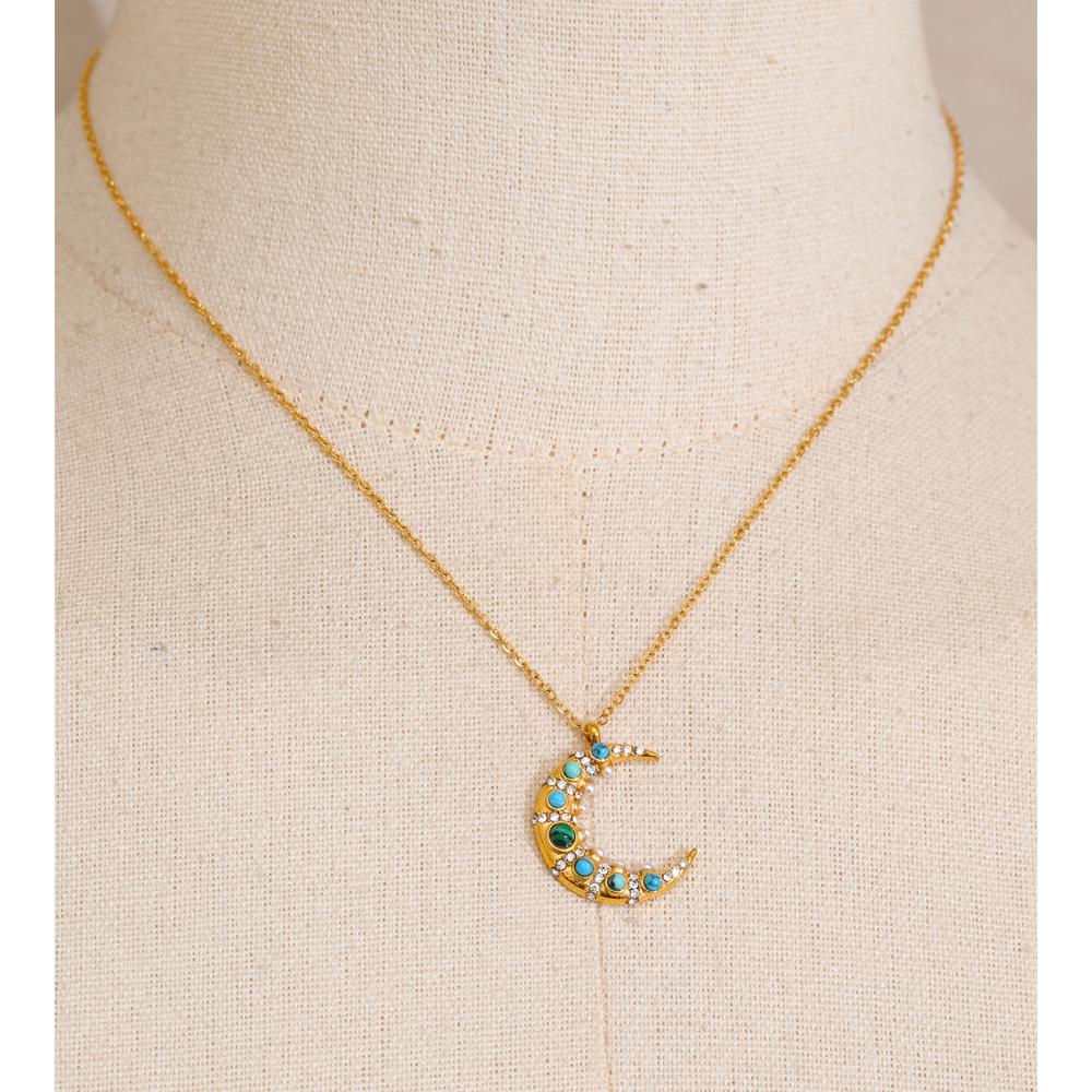 Yhpup High Quality Natural Stone Zircon Pearl Moon Pendant Charm Necklace New Arrivals Stainless Steel Exquisite Jewelry